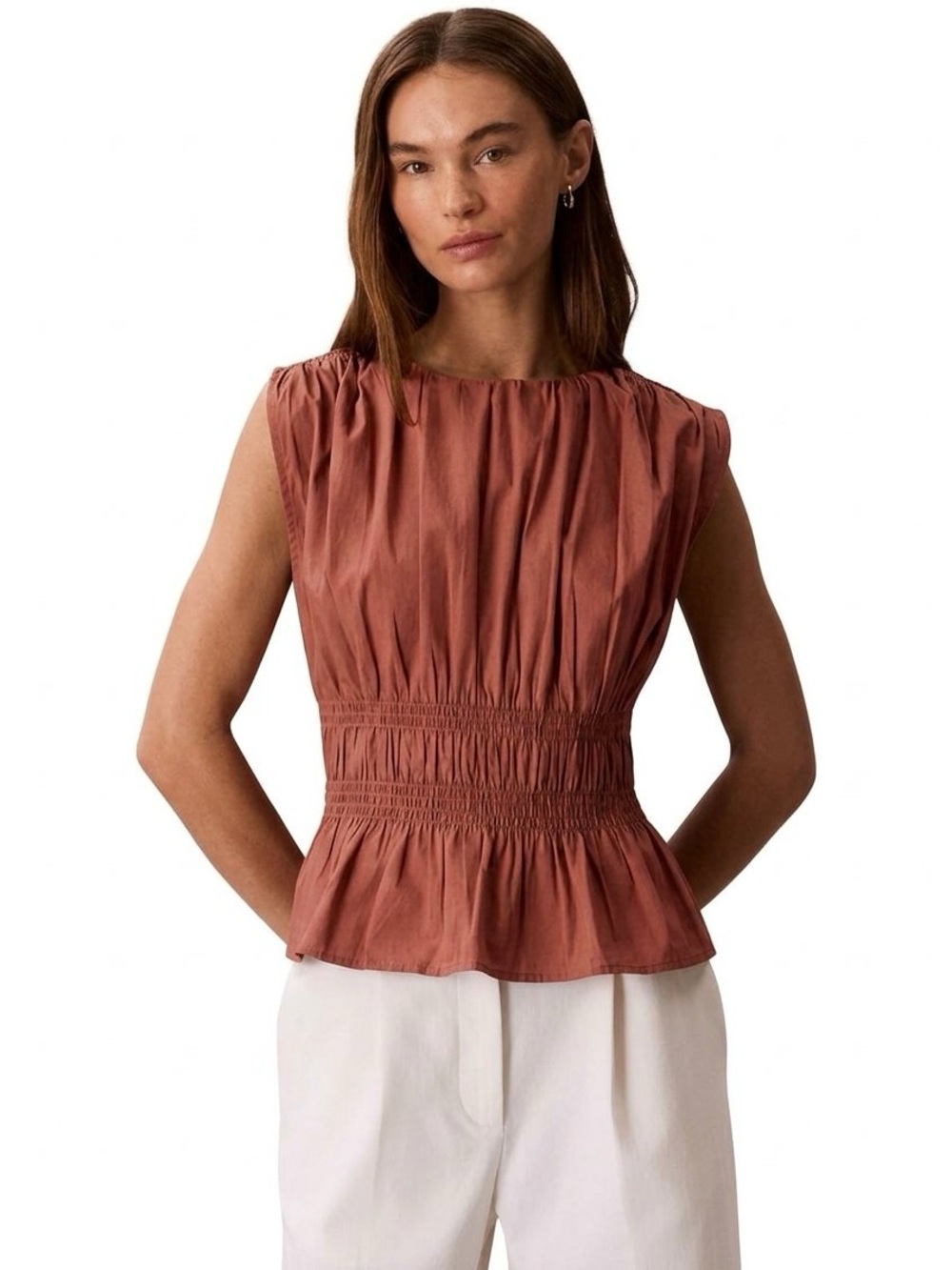 NWT Calvin Klein Jeans Smocked Sleeveless Cotton Poplin Top 🤎